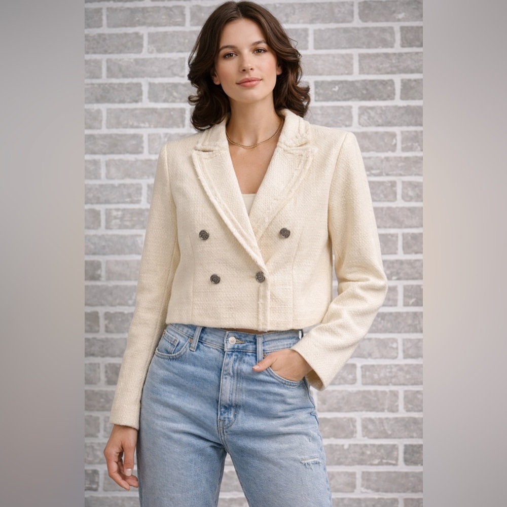 Mina Self Cream‎ Cropped Tweed Blazer Jacket Double Breasted Size L